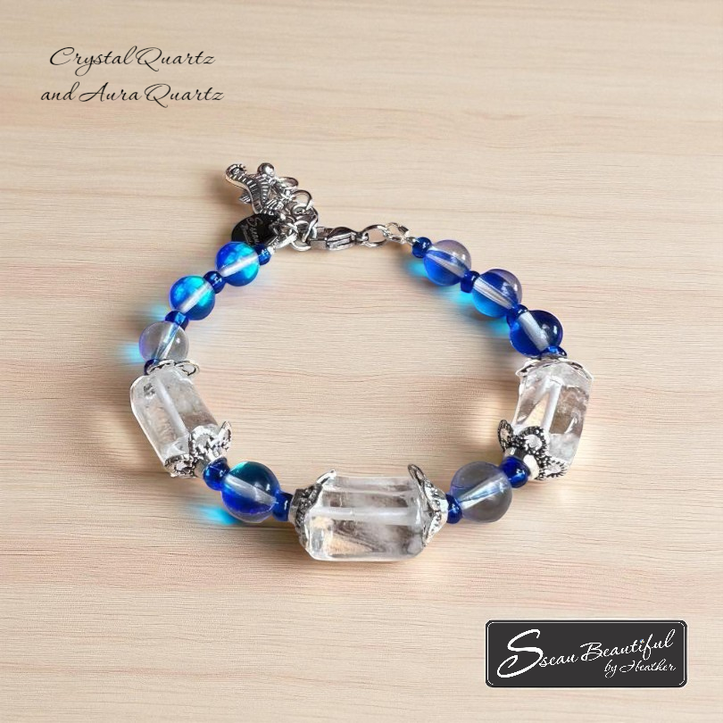 Adjustable bracelet with Crystal Quartz tubes and Sapphire Aura Quartz rounds