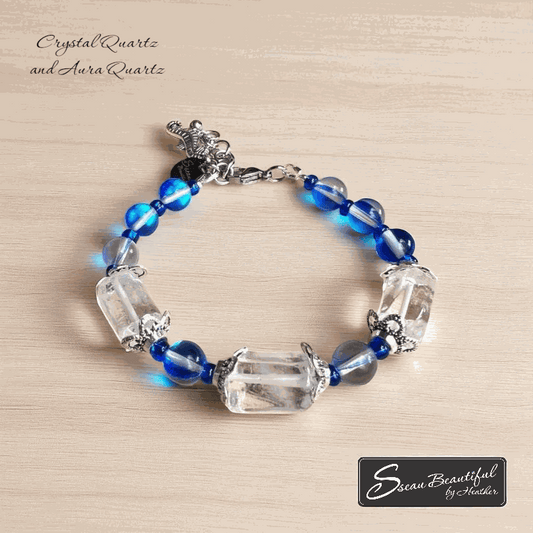 Adjustable bracelet with Crystal Quartz tubes and Sapphire Aura Quartz rounds