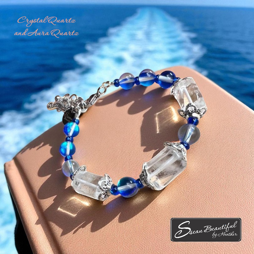 Adjustable bracelet with Crystal Quartz tubes and Sapphire Aura Quartz rounds