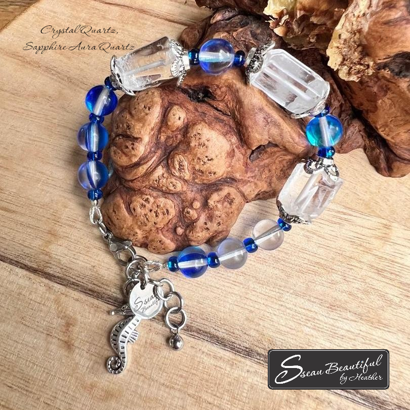 Adjustable bracelet with Crystal Quartz tubes and Sapphire Aura Quartz rounds