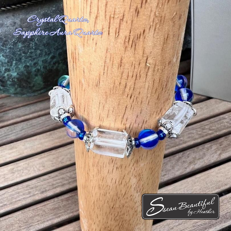 Adjustable bracelet with Crystal Quartz tubes and Sapphire Aura Quartz rounds