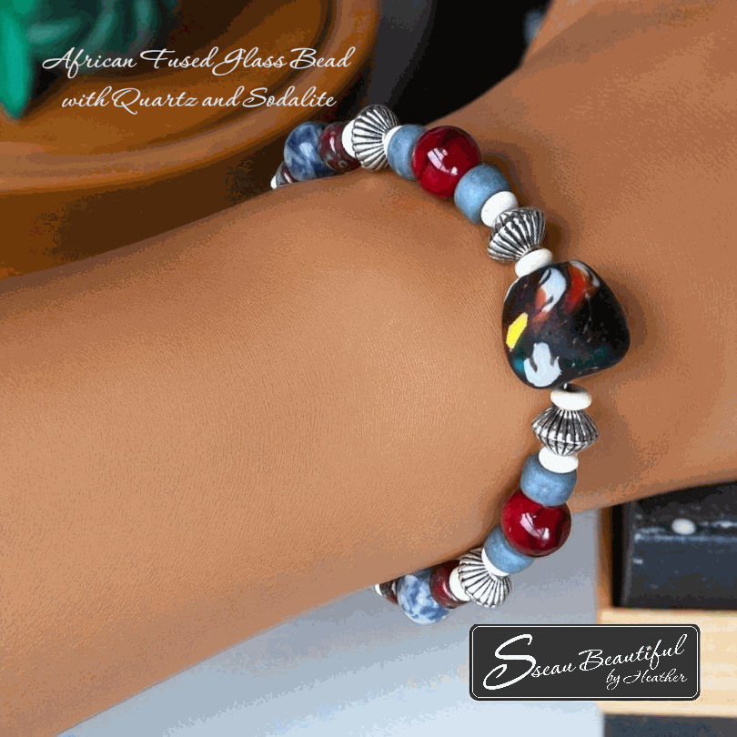 Colorful Adjustable Bracelet with African Fused Glass Accents