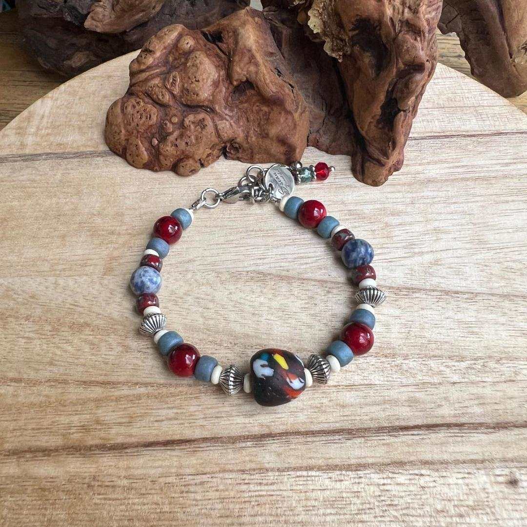 Colorful Adjustable Bracelet with African Fused Glass Accents