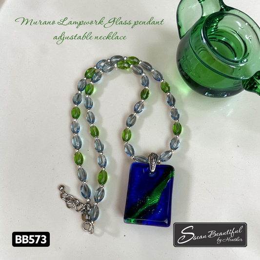 Murano Glass Rectangular Pendant Necklace – Blue and Green with Translucent Rice Beads (20" + 1" Extender)
