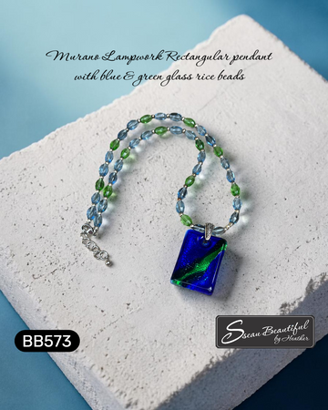 Murano Glass Rectangular Pendant Necklace – Blue and Green with Translucent Rice Beads (20" + 1" Extender)