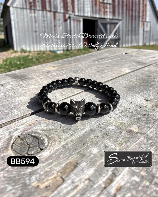 Men's Stretch Bracelet with Stainless Steel Wolf Head, Accents, and Onyx 6.69 inch
