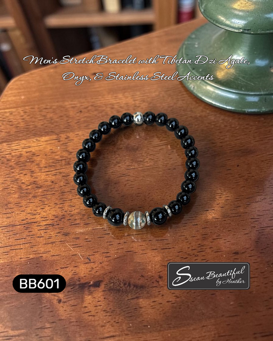 Tibetan Dzi Agate & Onyx Men's Stretch Bracelet – 7.28 Inches