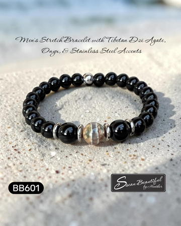 Tibetan Dzi Agate & Onyx Men's Stretch Bracelet – 7.28 Inches