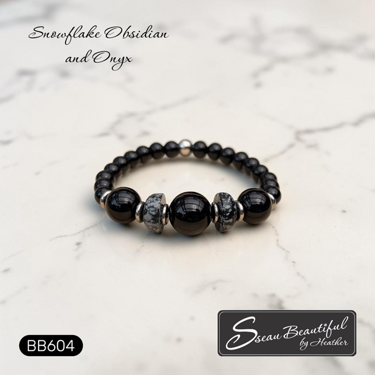 Men's Snowflake Obsidian & Black Onyx Bold Gemstone Stretch Bracelet 7.28 inch