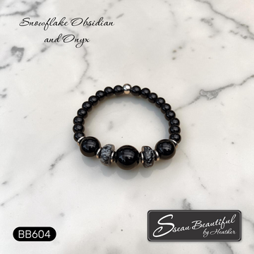 Men's Snowflake Obsidian & Black Onyx Bold Gemstone Stretch Bracelet 7.28 inch