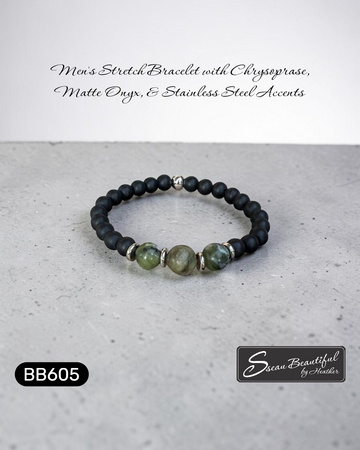 Men's Chrysoprase and Matte Onyx Stretch Bracelet |7.28"