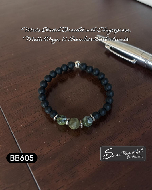 Men's Chrysoprase and Matte Onyx Stretch Bracelet (7.28")