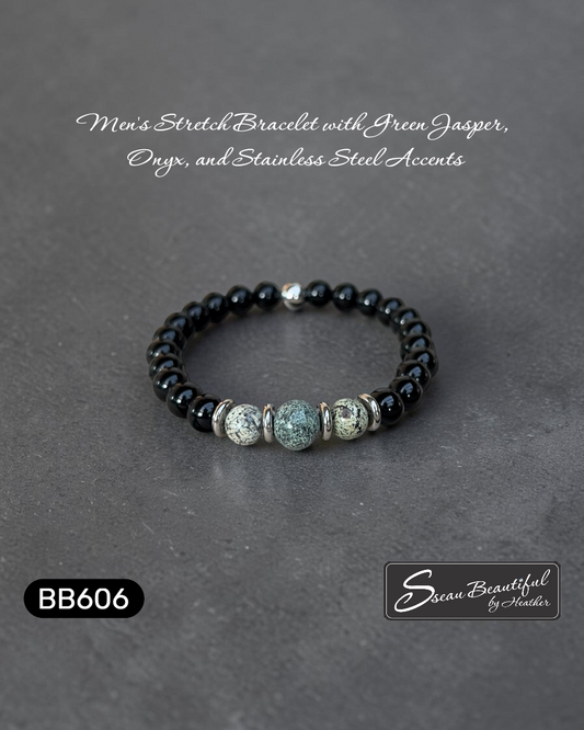 Men's Green Jasper and Polished Onyx Stretch Bracelet (7.28")