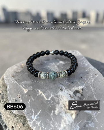 Men's Green Jasper and Polished Onyx Stretch Bracelet (7.28")
