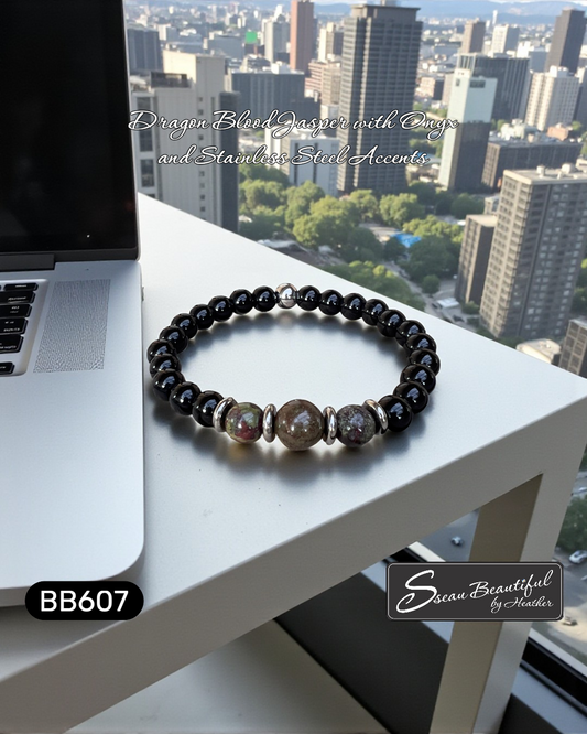 Men's Dragon Blood Jasper & Black Onyx Stretch Bracelet with Stainless Steel - 7.25"