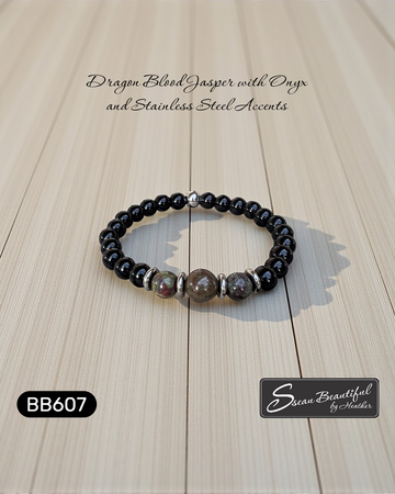 Men's Dragon Blood Jasper & Black Onyx Stretch Bracelet with Stainless Steel - 7.25"