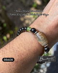 Men's stretch bracelet with Tibetan Dzi Agate, Chalcedony, and Onyx on a wrist, branded 'Sseau Beautiful'.