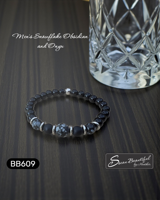 Men's Snowflake Obsidian and Onyx Beaded Stretch Bracelet - 7.48"