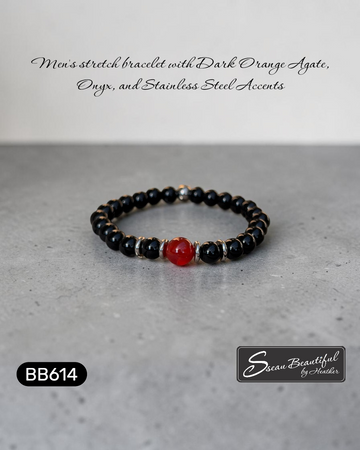 Dark Orange Agate and Onyx Men's Stretch Bracelet – 7.28 Inches