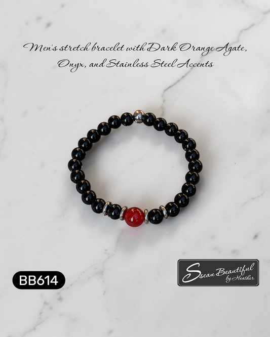 Dark Orange Agate and Onyx Men's Stretch Bracelet – 7.28 Inches