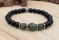 Men's 7.25 inch black onyx and African turquoise jasper beaded stretch bracelet with stainless steel accents, M