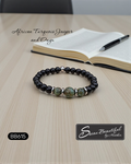 Men's 7.25 inch black onyx and African turquoise jasper beaded stretch bracelet with stainless steel accents, Model BB615, with Sseau Beautiful logo