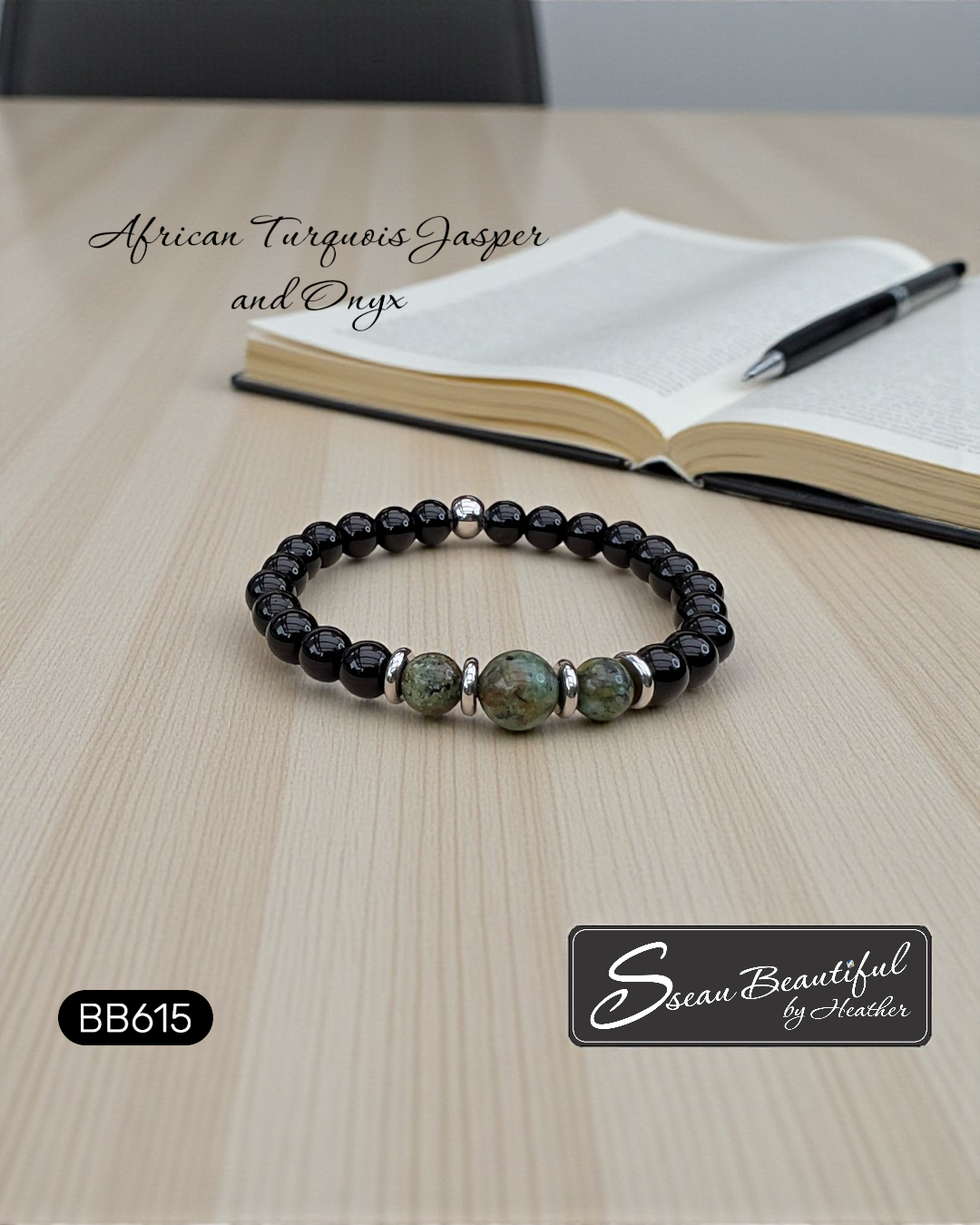 Men's 7.25 inch black onyx and African turquoise jasper beaded stretch bracelet with stainless steel accents, Model BB615, with Sseau Beautiful logo