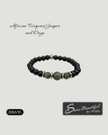 Men's 7.25 inch black onyx and African turquoise jasper beaded stretch bracelet with stainless steel accents, Model BB615, with Sseau Beautiful logo