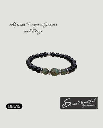 Men's 7.25 inch black onyx and African turquoise jasper beaded stretch bracelet with stainless steel accents, Model BB615, with Sseau Beautiful logo