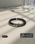 Men's 7.25 inch black onyx and African turquoise jasper beaded stretch bracelet with stainless steel accents, Model BB615, with Sseau Beautiful logo