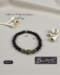 Men's 7.25 inch black onyx and African turquoise jasper beaded stretch bracelet with stainless steel accents, Model BB615, with Sseau Beautiful logo