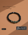 Men's 7.25 inch black onyx and African turquoise jasper beaded stretch bracelet with stainless steel accents, Model BB615, with Sseau Beautiful logo