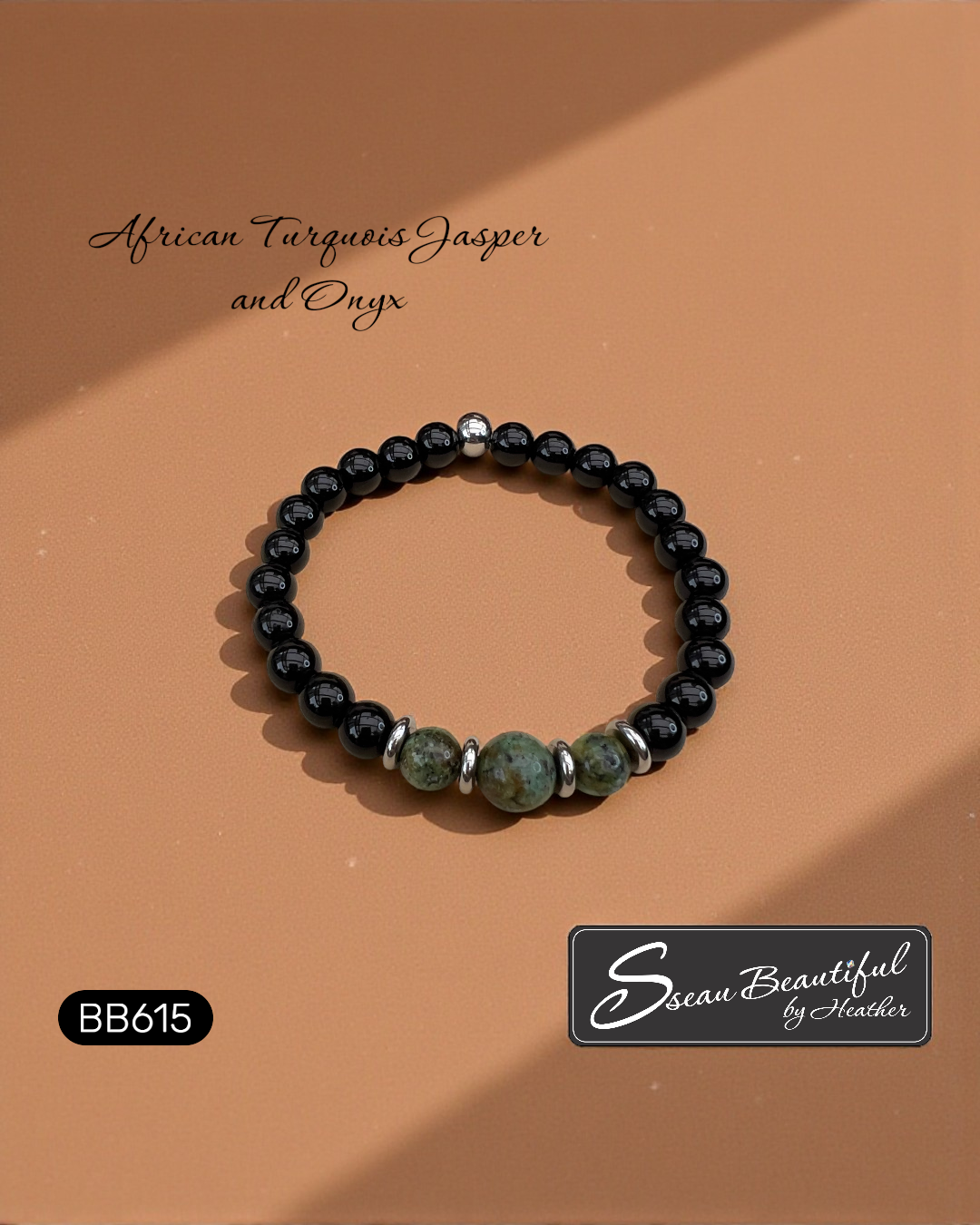 Men's 7.25 inch black onyx and African turquoise jasper beaded stretch bracelet with stainless steel accents, Model BB615, with Sseau Beautiful logo