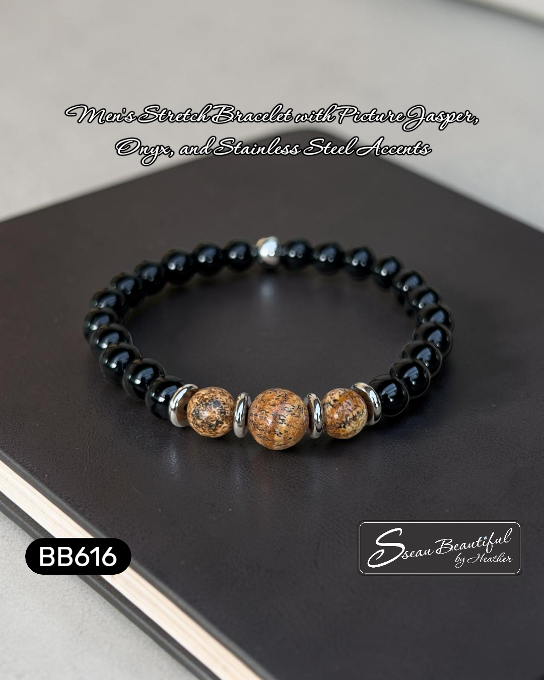 Black beaded bracelet with silver accents on a dark surface, featuring text about materials and brand.