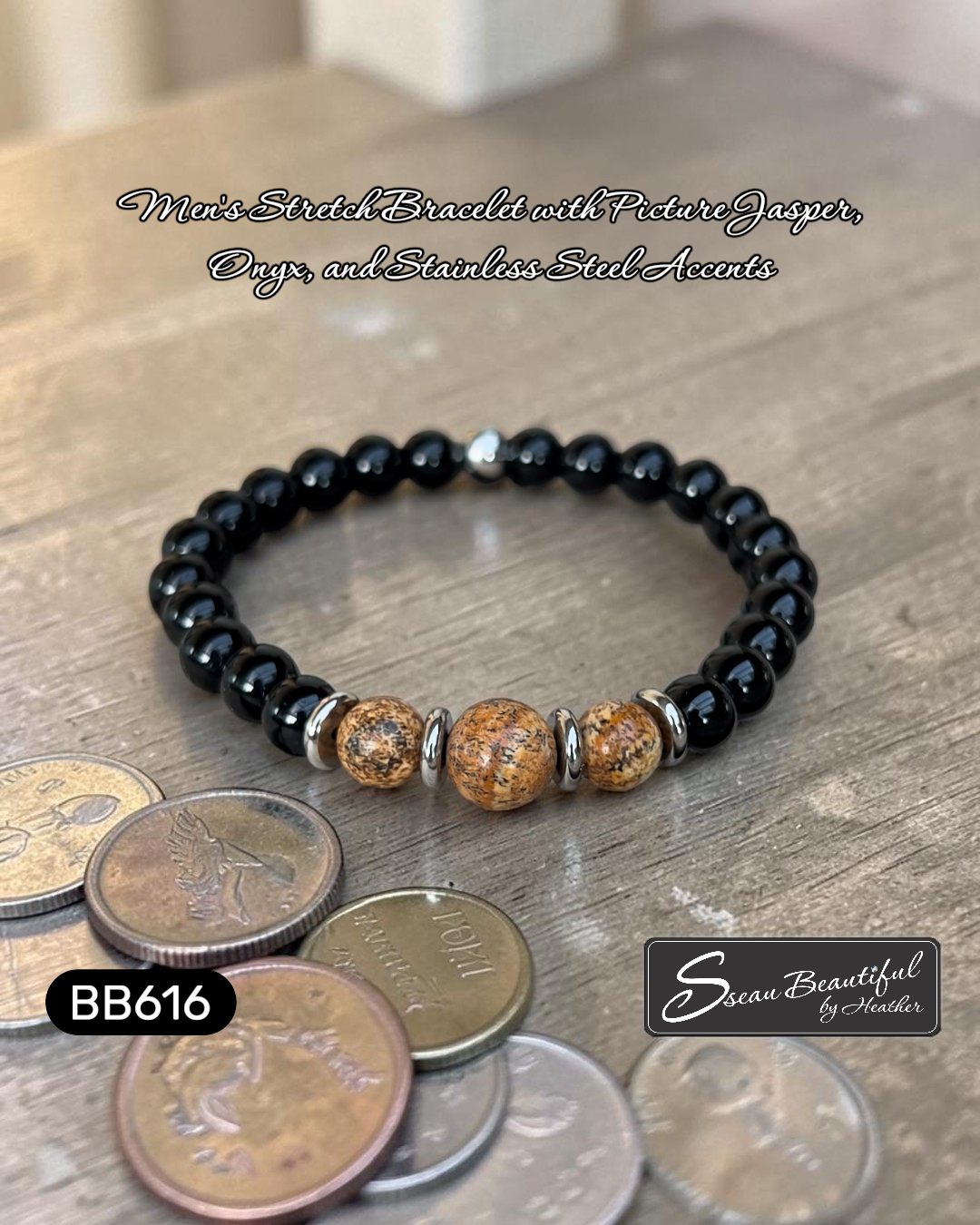 Black beaded bracelet with silver accents on a wood surface, featuring text about materials and brand.