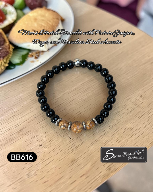 Men's 7.28 inch Stretch Bracelet with Picture Jasper, Onyx, and Stainless Steel