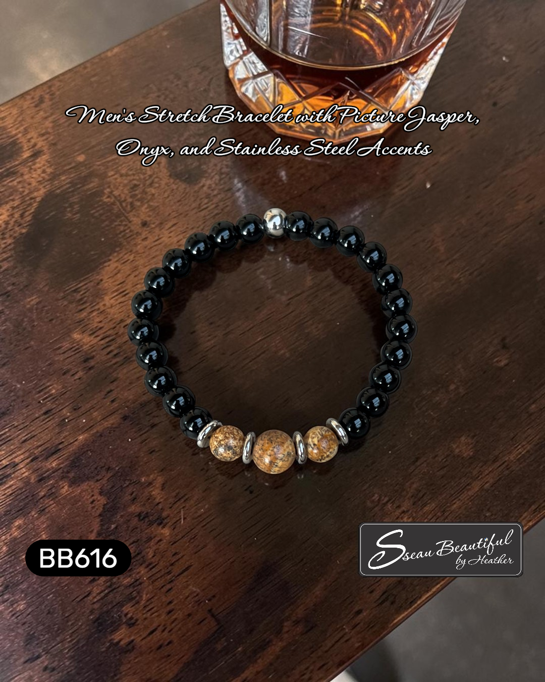 Black beaded bracelet with silver accents on a wooden surface, featuring 'Sseau Beautiful' branding.
