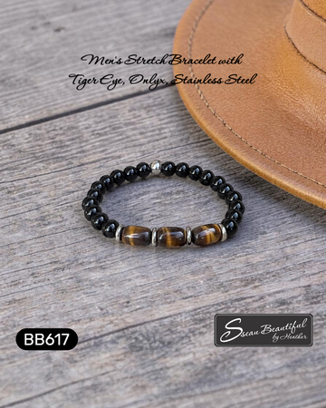 Men's Onyx and Brown Tiger Eye Barrels Stretch Bracelet, 7.09"