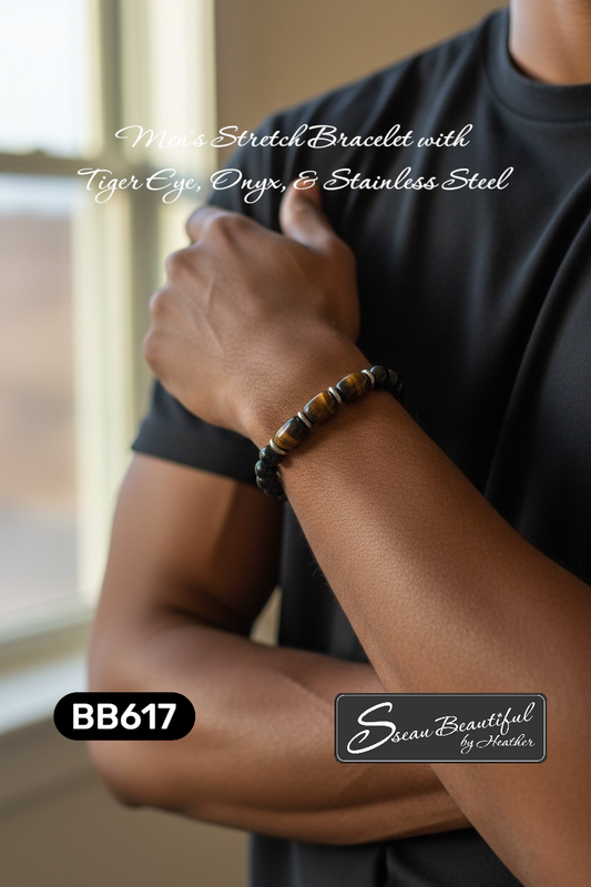 Men's Onyx and Brown Tiger Eye Barrels Stretch Bracelet, 7.09"