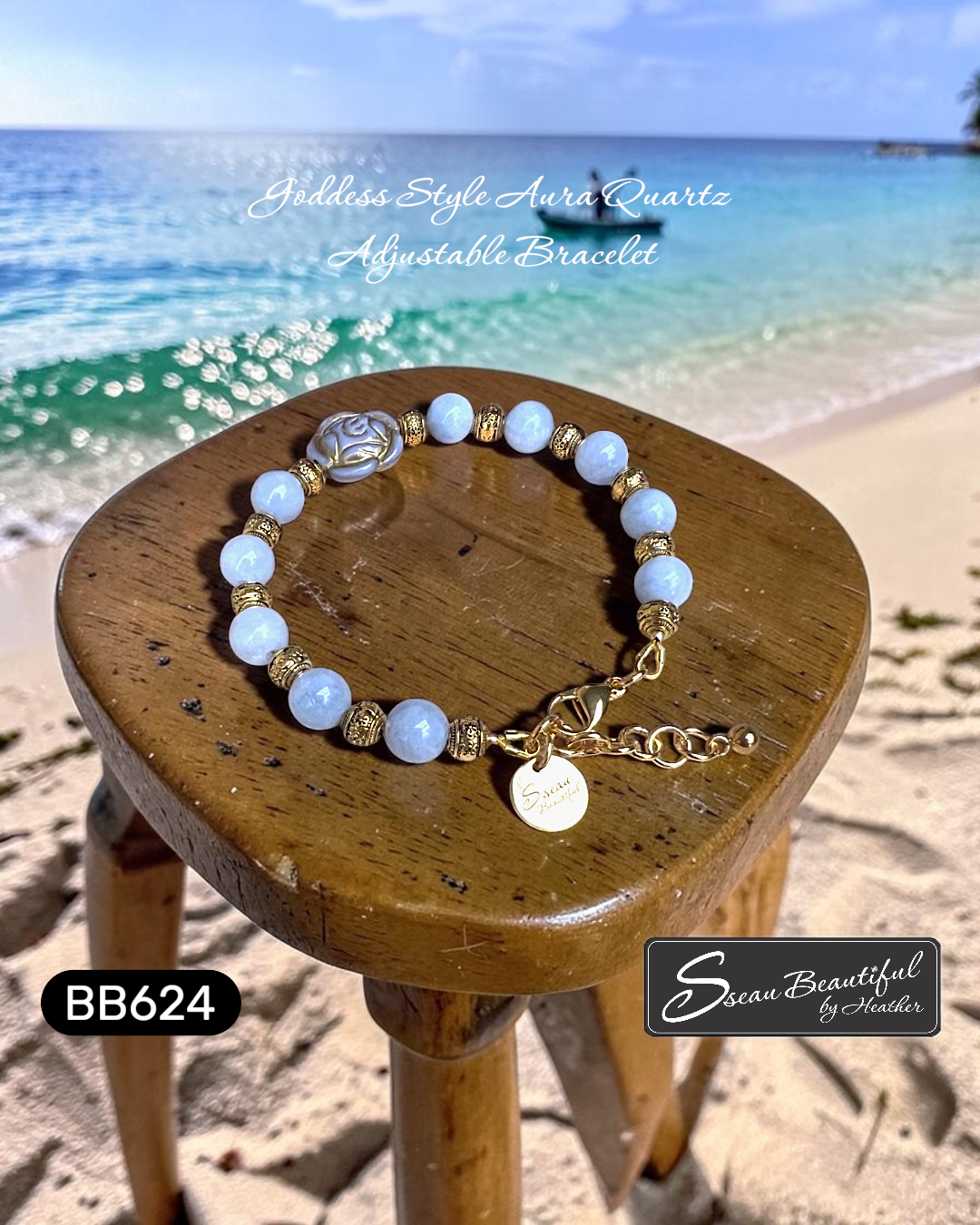 Adjustable bracelet with blue beads and gold accents on a wooden stool by the beach.
