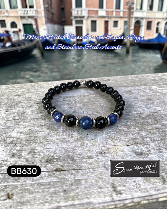 Men's Stretch Bracelet with Lapis, Onyx, and Stainless Steel Accents