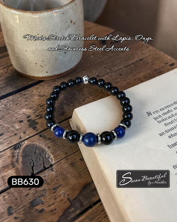 Men's Lapis and Onyx Gemstone Stretch Bracelet – Stainless Steel Accents, 6.9"