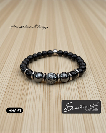 Men's Onyx & Hematite Lion Head Stretch Bracelet | Stainless Steel Accents