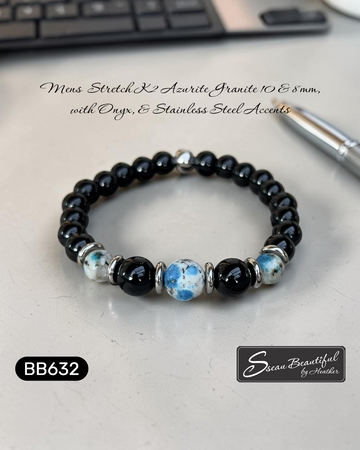 Men's 6.89 inch K2 Azurite Granite & Onyx Stretch Bracelet with Stainless Steel