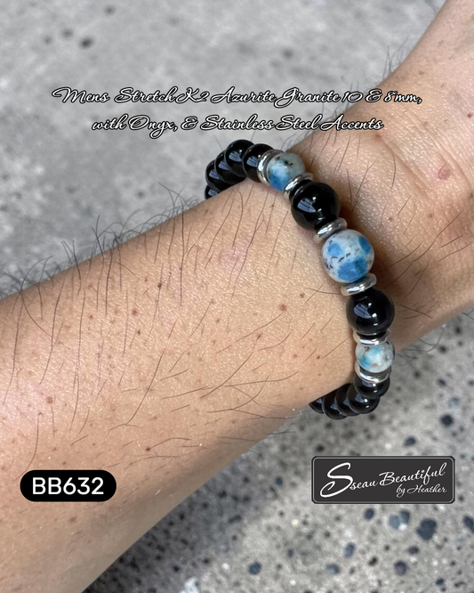 Men's K2 Azurite Granite & Onyx Stretch Bracelet with Stainless Steel