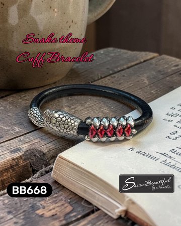 Serpentine Leather Cuff Bracelet with Matubo GemDuo Beaded Slide - 7 Inch