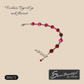 A beaded bracelet featuring bright fuchsia tiger's eye, dark garnet, and silver-tone stainless steel beads with extender chain and matching dangle, displayed on a beige background with text overlays 'Fuchsia Tiger Eye and Garnet' and 'Sseau Beautiful by Heather'.