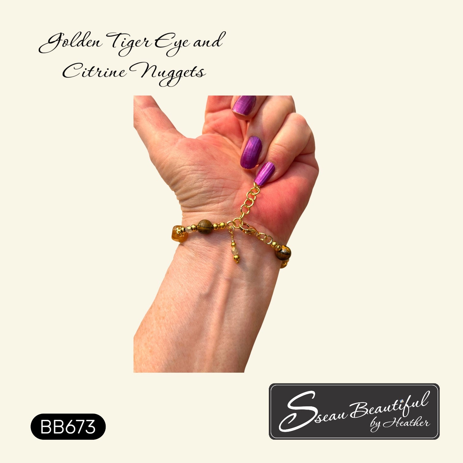 A hand with purple nail polish showing the clasp area of an adjustable bracelet shown against a cream background with text reading 'Golden Tiger Eye and Citrine Nuggets' and a brand label 'Sseau Beautiful by Heather'.