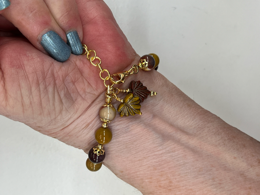 Mookaite Jasper Square Barrel and 8mm Rounds Adjustable Bracelet with Czech Maple Leaf Dangles
