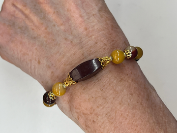 Mookaite Jasper Square Barrel and 8mm Rounds Adjustable Bracelet with Czech Maple Leaf Dangles